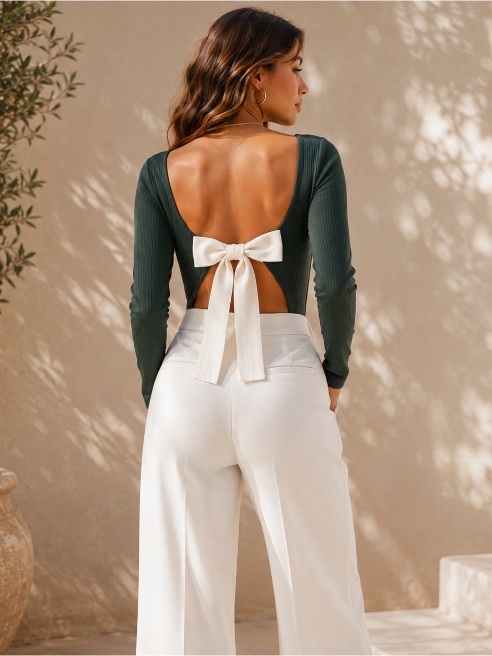 Topshop Ribbed Long Sleeve Back Bow Bodysuit Green US 6